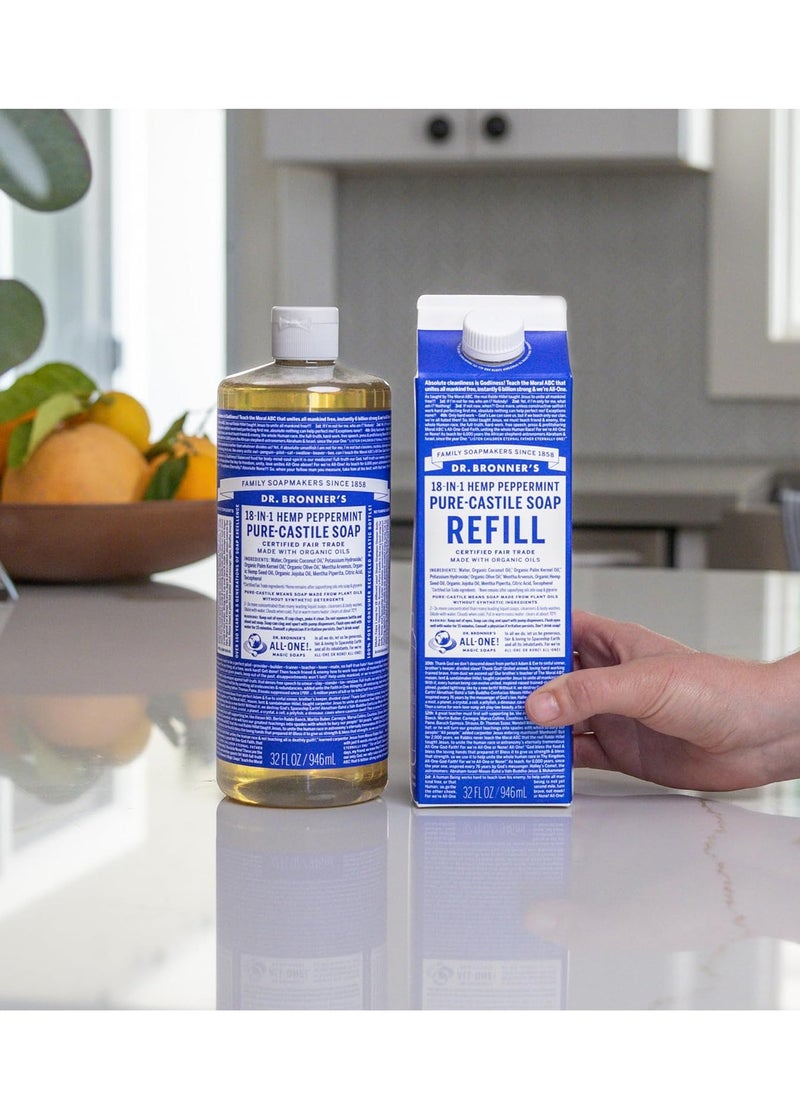 Dr. Bronner's Pure-Castile Liquid Soap Bottle & Refill Carton - Made with Regenerative Organic Certified Oils, 82% Less Plastic-18-in-1 Uses for Face, Body Wash, Hand Soap Refill- Peppermint, 32oz