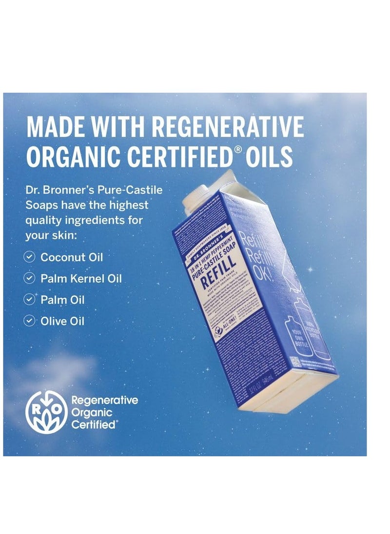 Dr. Bronner's Pure-Castile Liquid Soap Bottle & Refill Carton - Made with Regenerative Organic Certified Oils, 82% Less Plastic-18-in-1 Uses for Face, Body Wash, Hand Soap Refill- Peppermint, 32oz