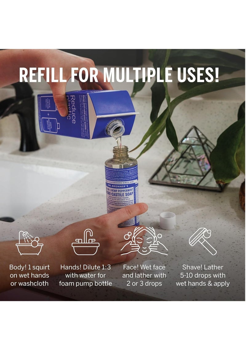 Dr. Bronner's Pure-Castile Liquid Soap Bottle & Refill Carton - Made with Regenerative Organic Certified Oils, 82% Less Plastic-18-in-1 Uses for Face, Body Wash, Hand Soap Refill- Peppermint, 32oz
