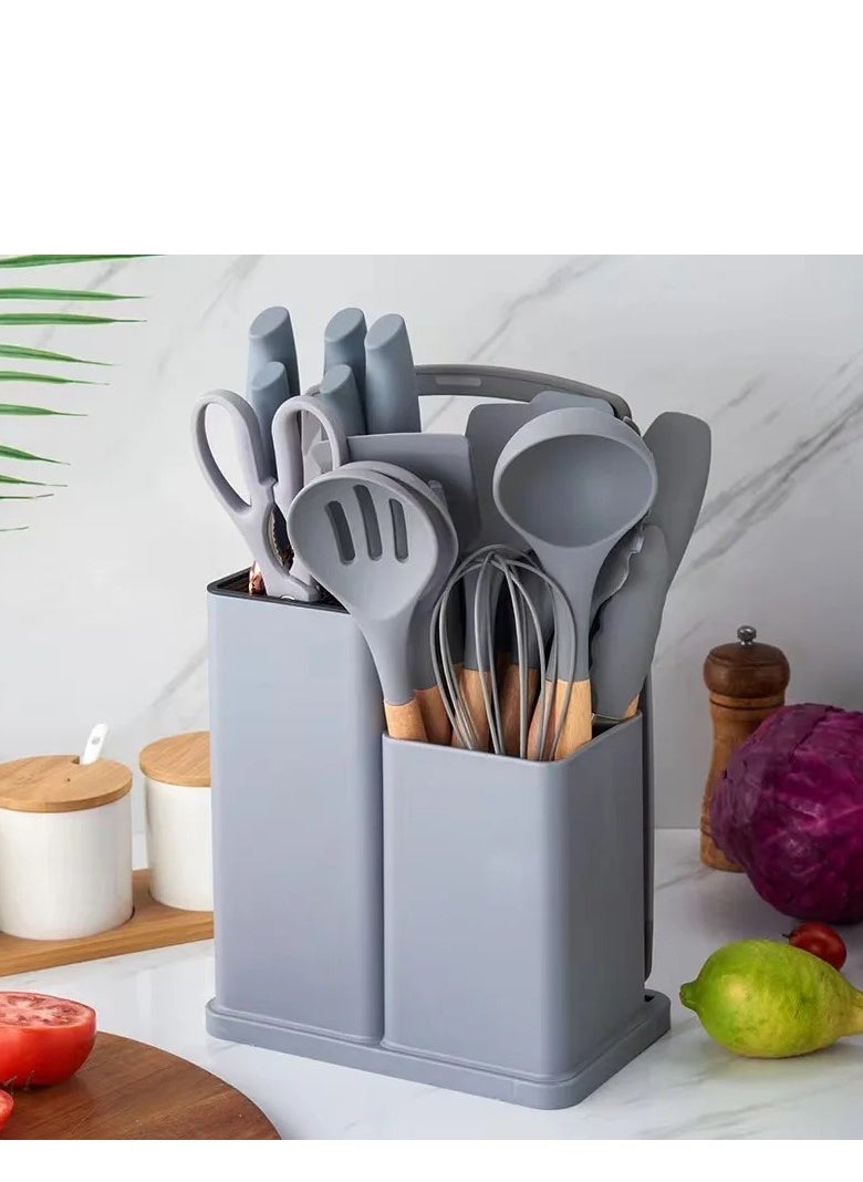 19-Piece Kitchen Knife and Cooking Utensils Set | Heat-Resistant Silicone & Wooden Handles | Non-Stick Tools