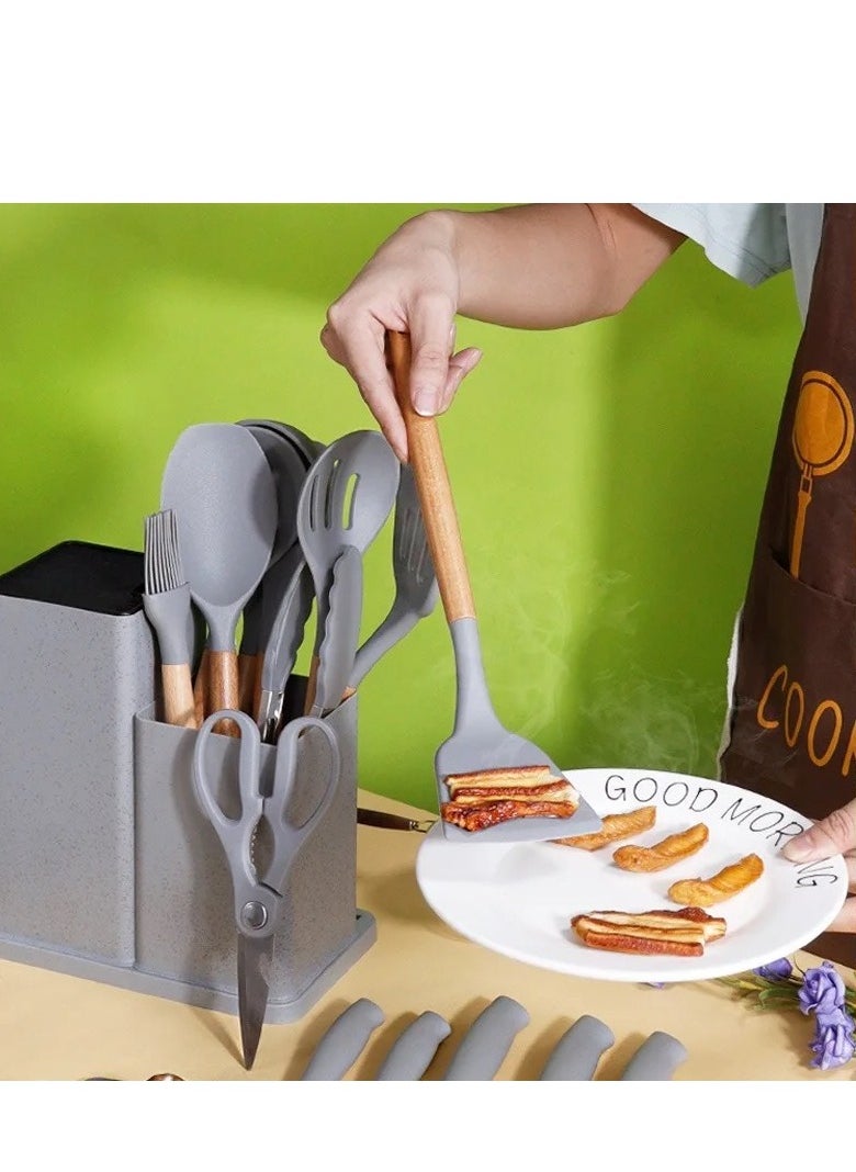 19-Piece Kitchen Knife and Cooking Utensils Set | Heat-Resistant Silicone & Wooden Handles | Non-Stick Tools