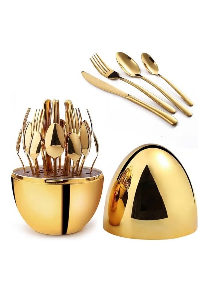 Dinner Set Spoon Set Knife Fork Spoon Set Cutlery Set Spoon Holder 24-Piece Silverware Set for 6, Gold Plated Stainless Steel Espresso Spoons/Fork