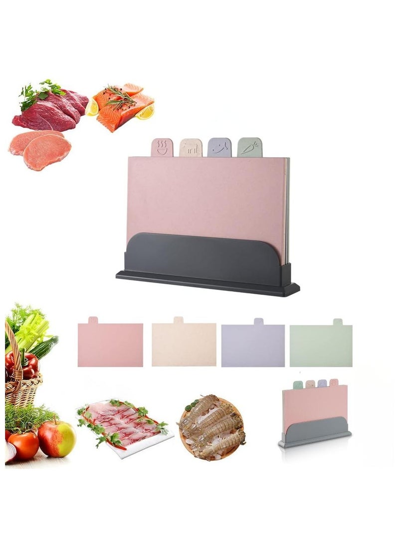 Cutting Boards Set for Kitchen,Colour Coded Wheat Straw Cutting Board with Holder Chopping Board Set of 4 Non Slip,Chopping Board for Kitchen Different Food Types Pink