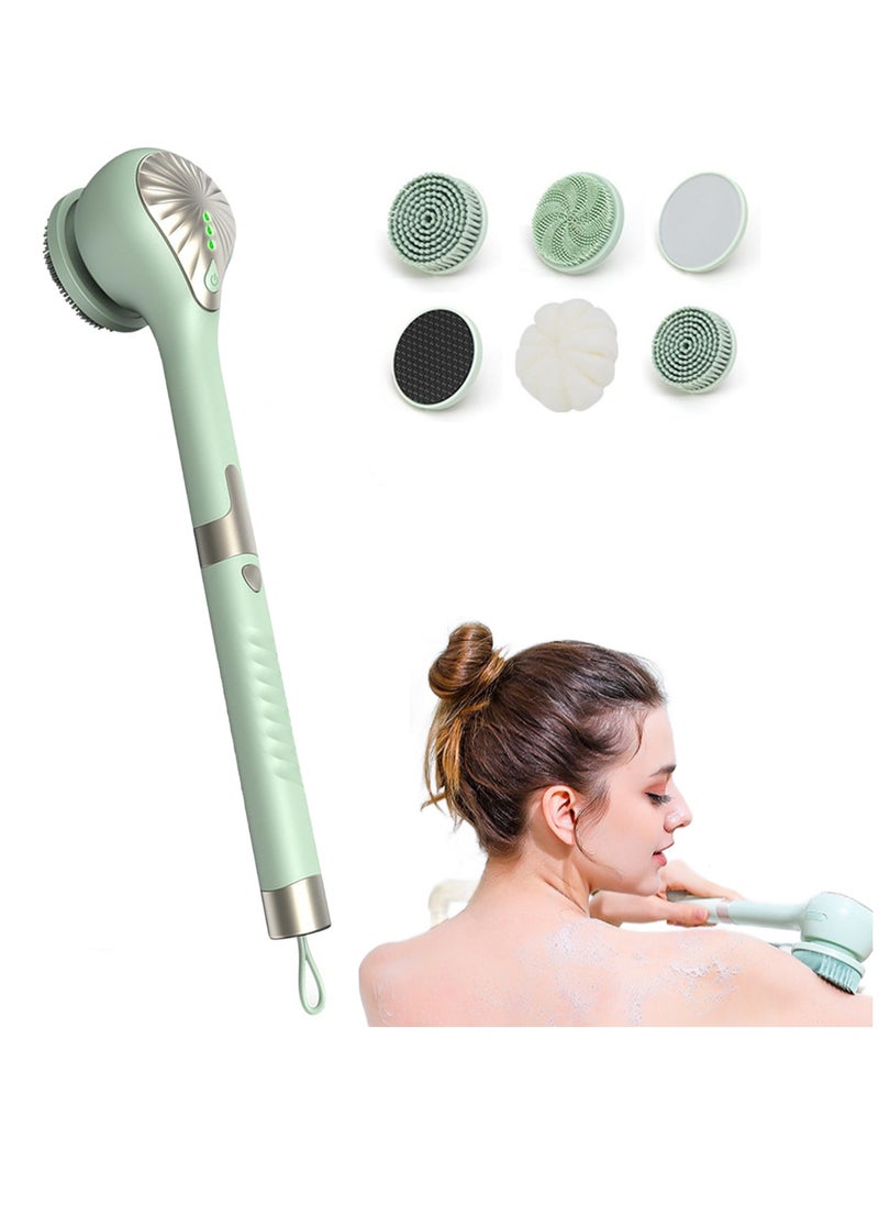 Electric Body Brush Set for Showering Back Scrubber Rechargeable 5 in 1 Shower Brush with Long Handle and 6 Cleaning Heads IPX6 Waterproof and 2 Speed Modes for Men Women Massage Exfoliating Wash Dee