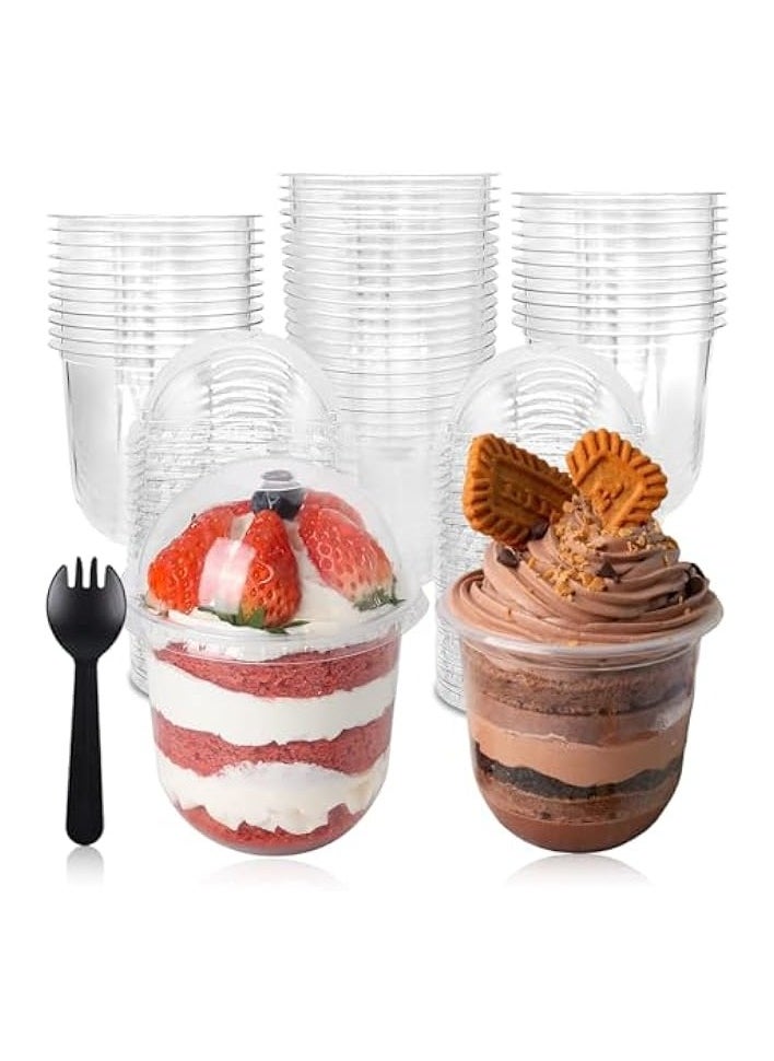 50-pack 12 oz Clear Plastic Cups with Dome Lids and Sporks – Disposable Cups for Desserts, Parfaits, Puddings, Cold Drinks, Snacks, Fruits, Bakeries, and Ice Cream