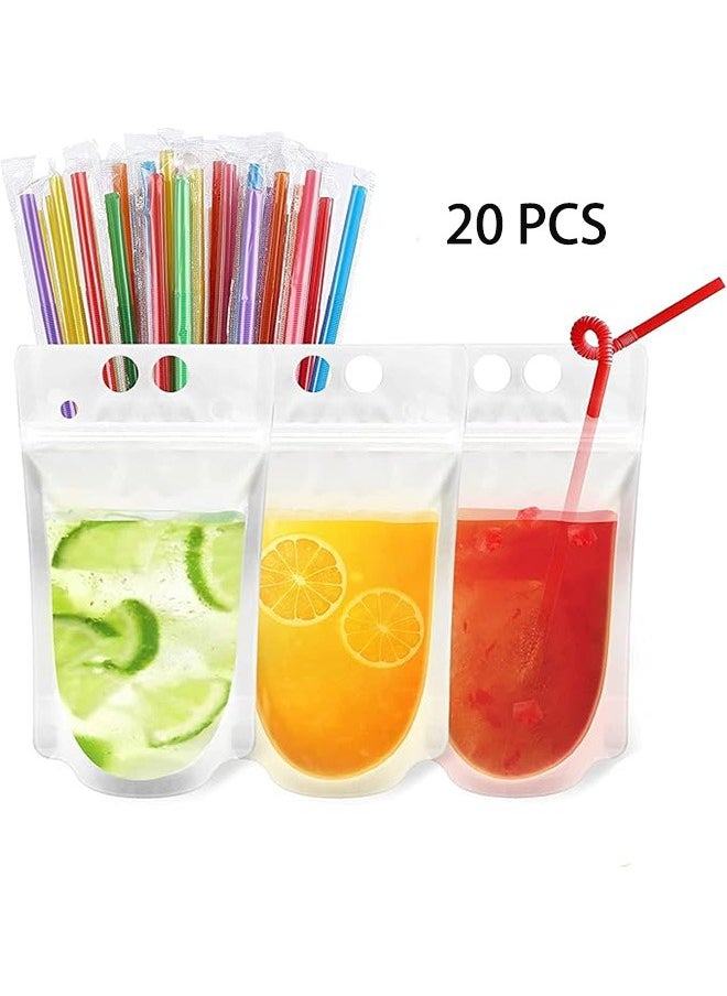 20 Pcs Drink Pouches Clear Drink Bags with Disposable Plastic Straws Smoothie Bags Juice Bags Double Zipper Handheld Translucent Stand-up Frozen Drink Pouches with Straws