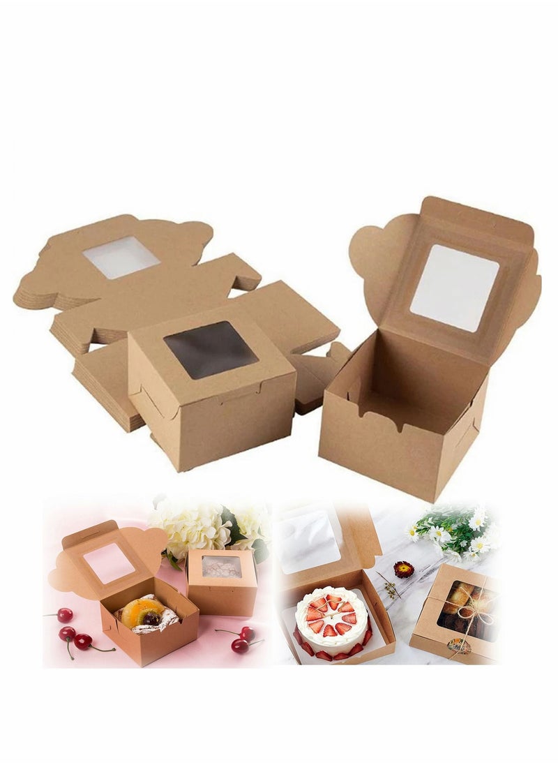 10 Pack Bakery Boxes Small Brown Cake Box Small Kraft Cookie Boxes with Window for Cupcakes Pies, Donuts, 4x4x2.5 Inches