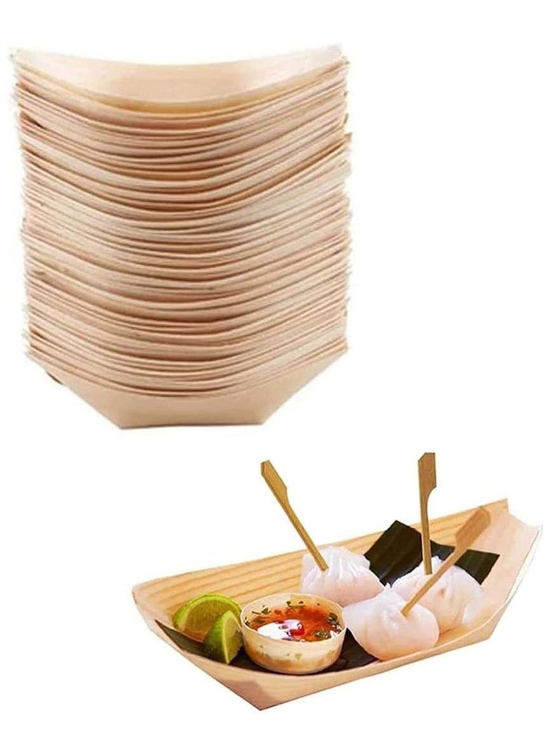 50 pcs Disposable Wood Boat Dishes Plates Wooden Snack Bowls Food Serving Tray Japanese Sashimi Sushi Boat, 3 Inches