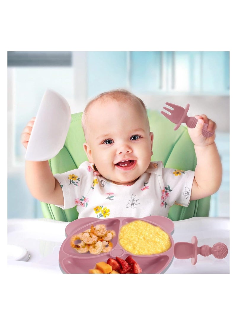 Baby Suction Plate Silicone Toddler Plates Baby Weaning Plate Divided Dishes with Spoon Fork Fits for Most Highchairs Trays Self Feeding Training Dishwasher Microwave Safe