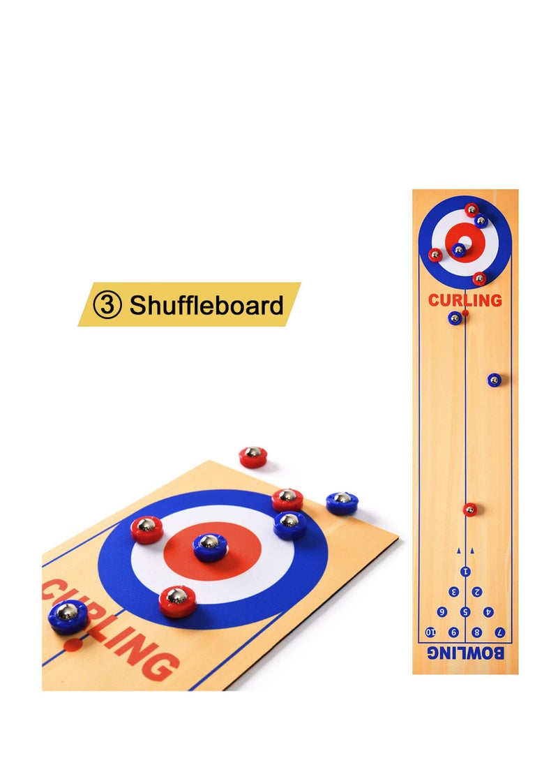 3-in-1 Mini Tabletop Shuffleboard, Bowling, and Curling Game with 8 Rollers - Interactive Portable Family Game for Kids and Adults, Perfect for Indoor and Outdoor Parties.