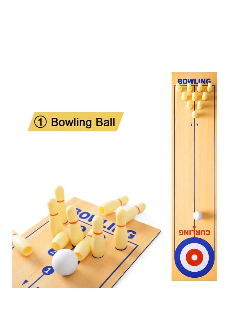 3-in-1 Mini Tabletop Shuffleboard, Bowling, and Curling Game with 8 Rollers - Interactive Portable Family Game for Kids and Adults, Perfect for Indoor and Outdoor Parties.