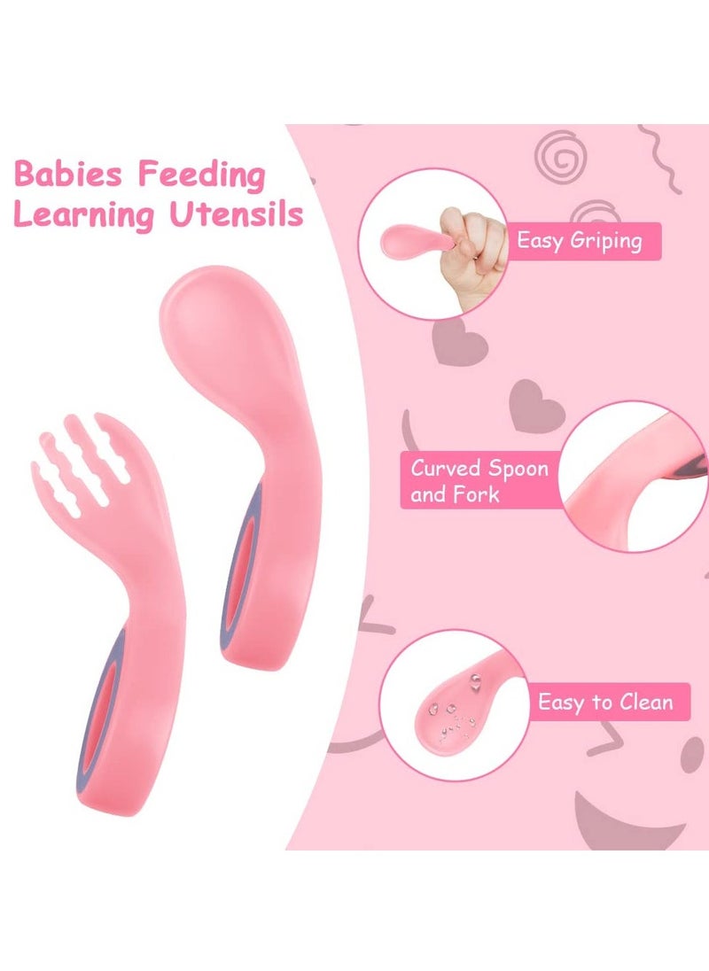 4-Piece Baby Fork and Spoon Set, Easy Grip Toddler Cutlery Kit for Self-Feeding, Bendable Spoons and Forks for Weaning and Feeding (Red/Pink)