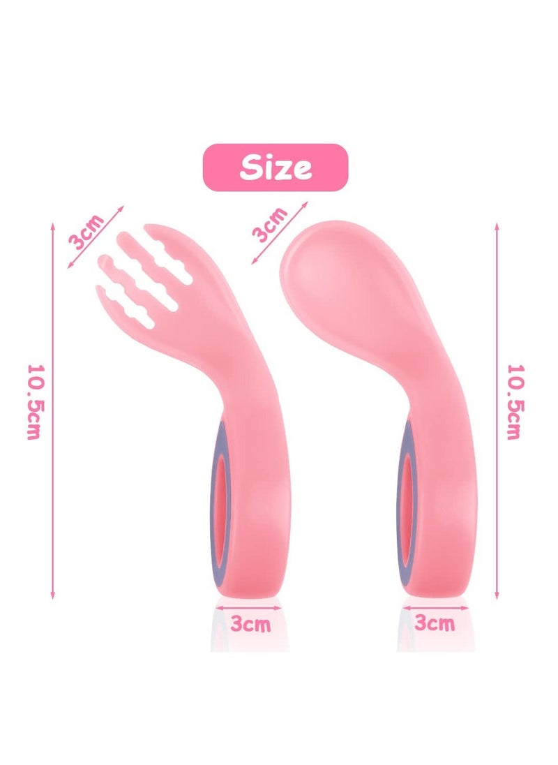 4-Piece Baby Fork and Spoon Set, Easy Grip Toddler Cutlery Kit for Self-Feeding, Bendable Spoons and Forks for Weaning and Feeding (Red/Pink)