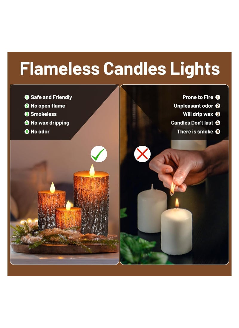 Set of 3 Flameless Candles Lights  Pillar Pine Bark Effect Real Wax Flickering 3D Wick Electric Dimmable LED Decorative Candle Sets with Remote Timer for Christmas Winter Home Decor