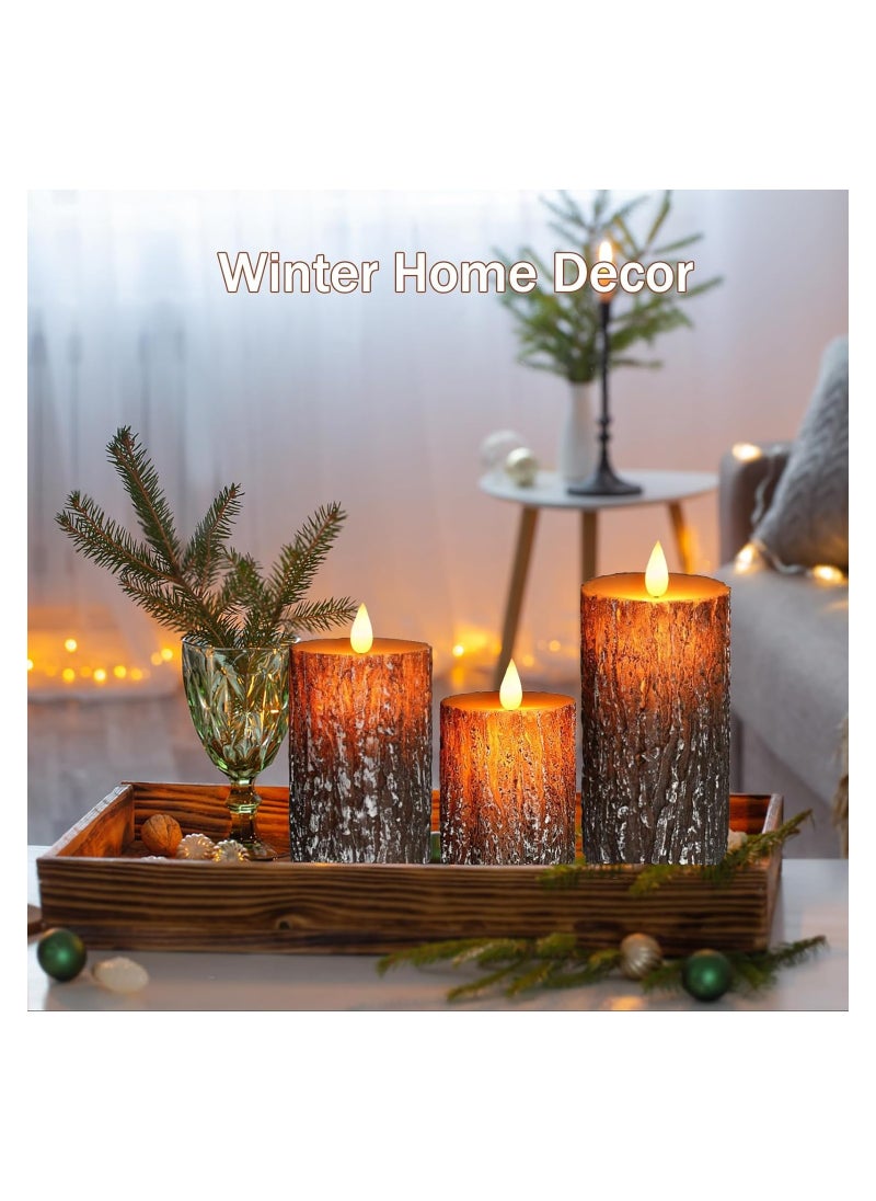 Set of 3 Flameless Candles Lights  Pillar Pine Bark Effect Real Wax Flickering 3D Wick Electric Dimmable LED Decorative Candle Sets with Remote Timer for Christmas Winter Home Decor