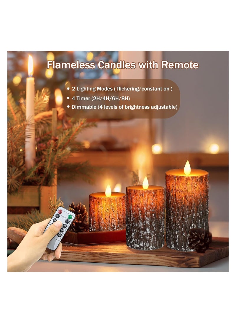 Set of 3 Flameless Candles Lights  Pillar Pine Bark Effect Real Wax Flickering 3D Wick Electric Dimmable LED Decorative Candle Sets with Remote Timer for Christmas Winter Home Decor