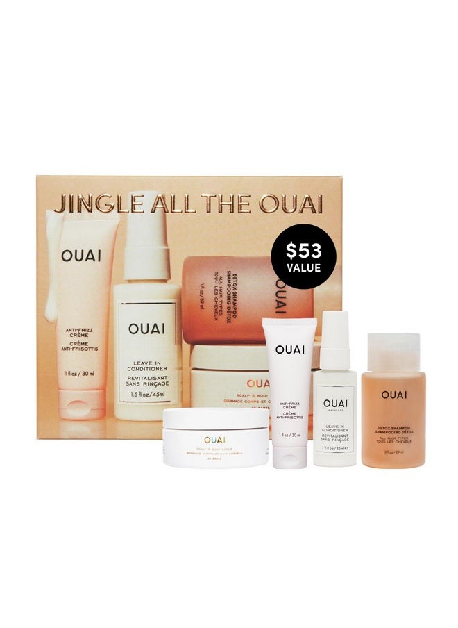 Jingle All The Ouai Travel Size Gift Set - Travel Size Hair & Body Care Set - Includes Detox Shampoo, Deluxe Anti Frizz Cream, Leave In Conditioner, Scalp & Body Scrub (4 Count)