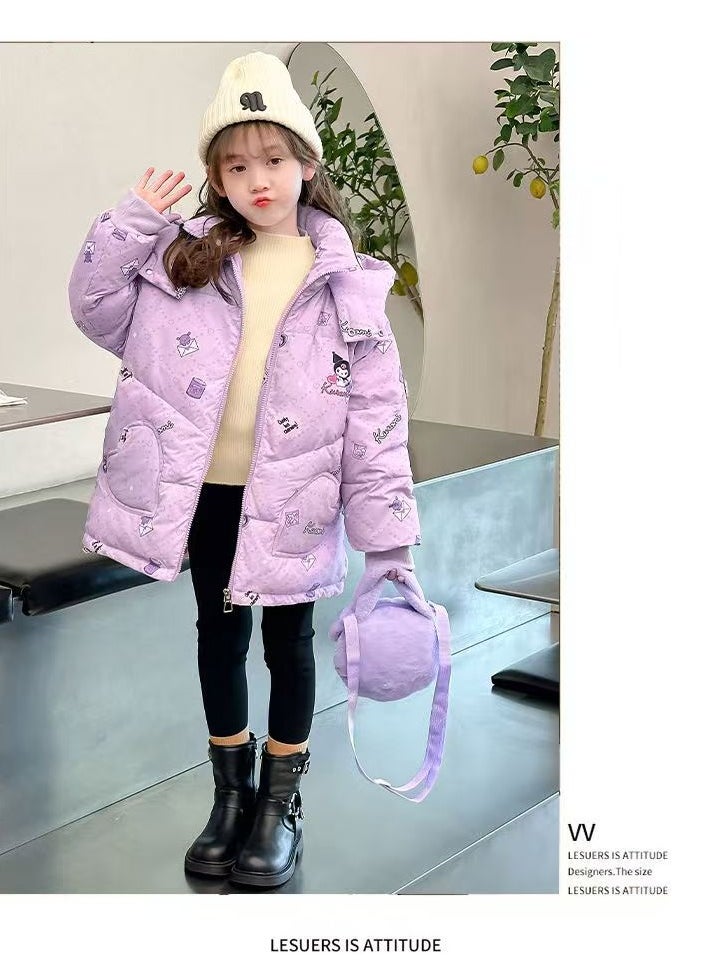 2024 Winter New Down Jacket Children's Medium length Hooded Stand up Collar Thickened Windproof Duck Down Bread Coat