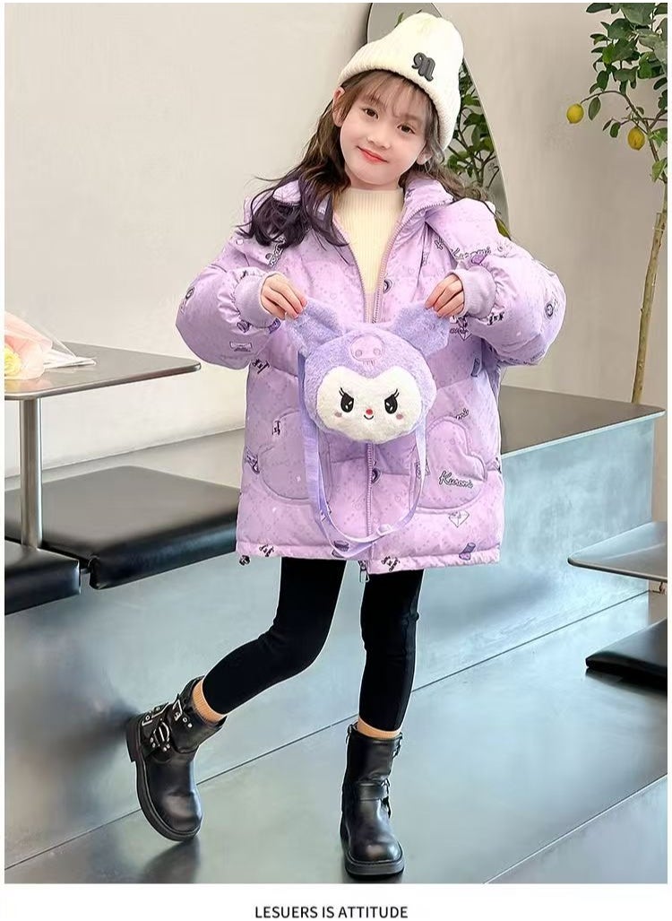 2024 Winter New Down Jacket Children's Medium length Hooded Stand up Collar Thickened Windproof Duck Down Bread Coat