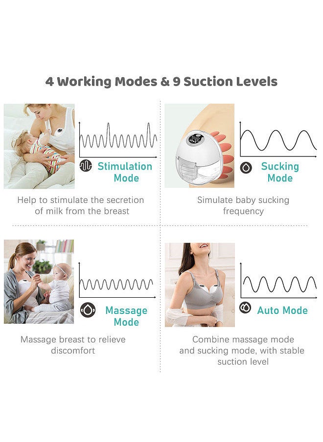 Wearable Breast Pump for Breastfeeding Portable Electric Breast Pump Hands Free 4 Modes 9 Suction Level Low Noise 180ml Capacity with Memory & Pause Functions 24mm Silicone