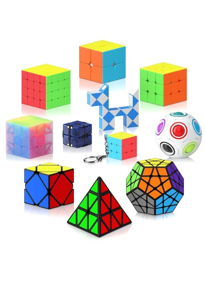 Vdealen 11 Pack Speed Cube Set Puzzle Cube Bundle Fidget Ball 2x2 3x3 4x4 Pyramid Dodecahedron Skewb Snake Infinity Magic Cube, Smooth Cube Pack Toys Gift for Kids & Adults