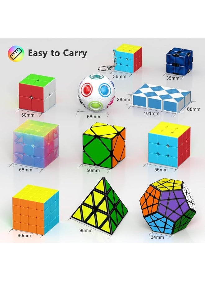 Vdealen 11 Pack Speed Cube Set Puzzle Cube Bundle Fidget Ball 2x2 3x3 4x4 Pyramid Dodecahedron Skewb Snake Infinity Magic Cube, Smooth Cube Pack Toys Gift for Kids & Adults