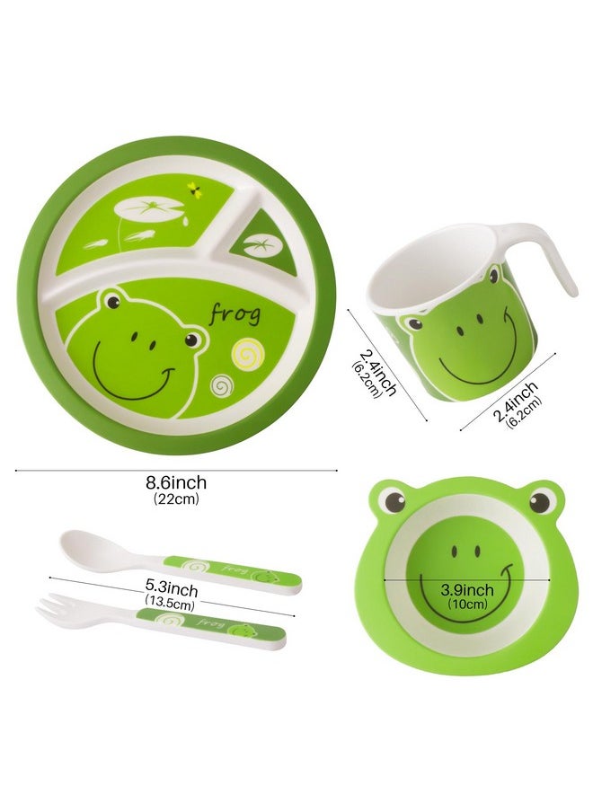 Kids Dinnerware Set, 5Pcs Melaminetoddler Plates And Bowls, Kids Plates, Toddler Dishes, Frog Melamine Plate, Baby Feeding Plates Cups Forks Spoons