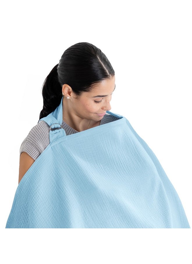 Nursing Cover For Baby Breastfeeding - 100% Muslin Cotton, Soft & Breathable Cotton, Breastfeeding Pumping Cover For Mom, With Rigid Hoop - Privacy Unisex Lightweight Covers Wrap (Sky Blue)