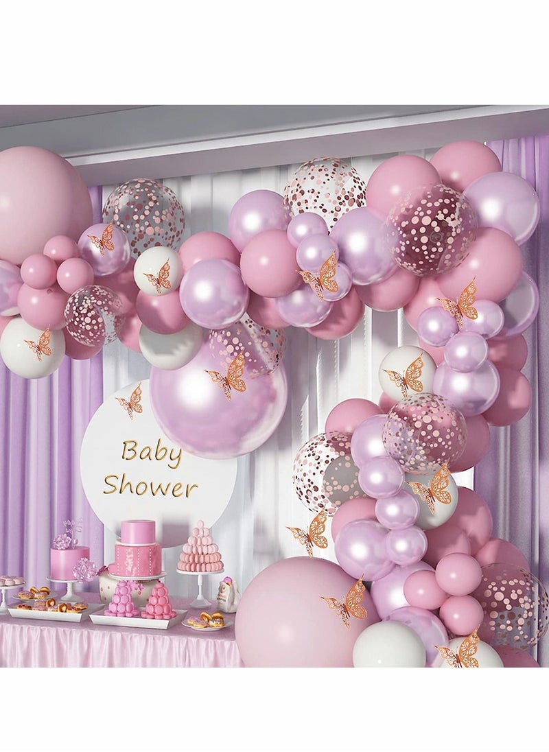 Baby Shower Decorations for Girl TERRIFI 140 Pcs Pink Balloon Garland Butterfly Stickers 18 In 12 In 10 In 5 In Lilac Purple Chrome Rose Gold Confetti Balloon Arch Kit for Girl Birthday Party