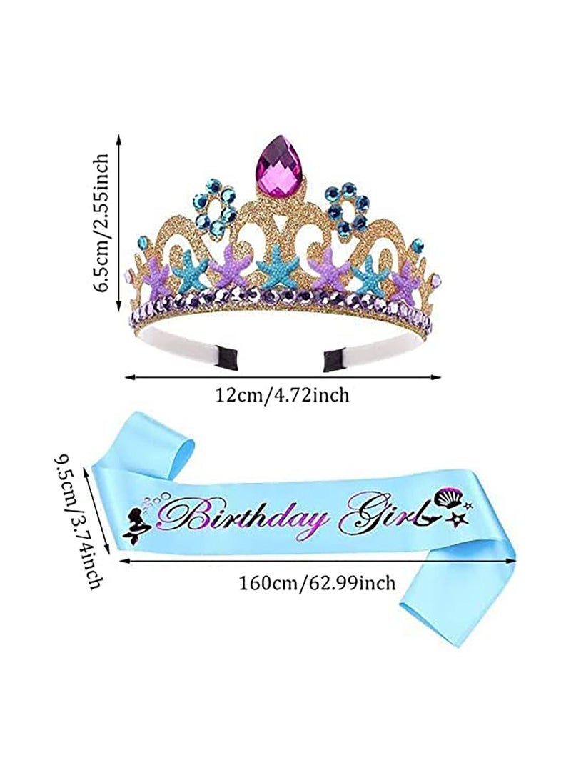 Mermaid Sash Crown Set,Princess Dress Up Crown Gold and Blue Satin Purple Word Glitter Sash for Girls Women's Birthday Party Supplies Decorations