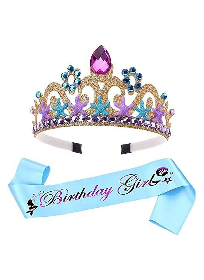 Mermaid Sash Crown Set,Princess Dress Up Crown Gold and Blue Satin Purple Word Glitter Sash for Girls Women's Birthday Party Supplies Decorations