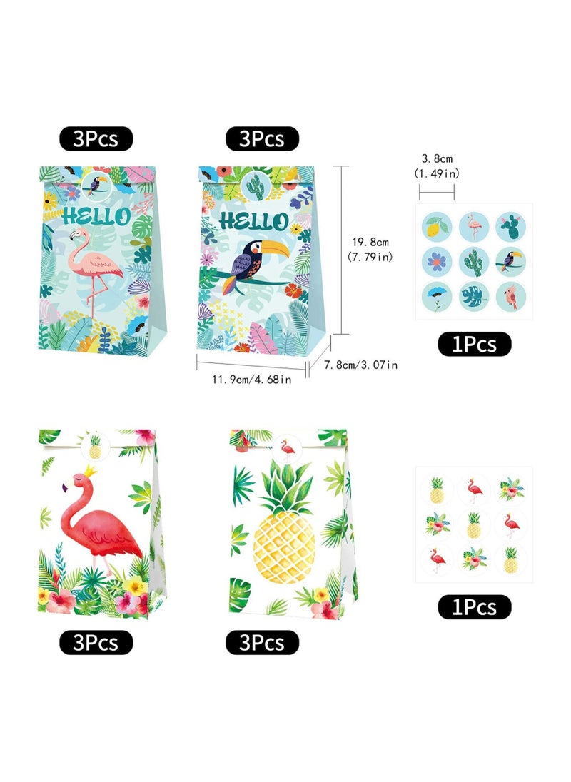 12Pcs Tropical Hawaiian Party Bags Flamingo Paper Gift Bags with 18Pcs Stickers Party Favor Bags Summer Goodie Candy Bags for Kids Adults Treat Bags Party Supplies for Birthday Wedding Baby Shower