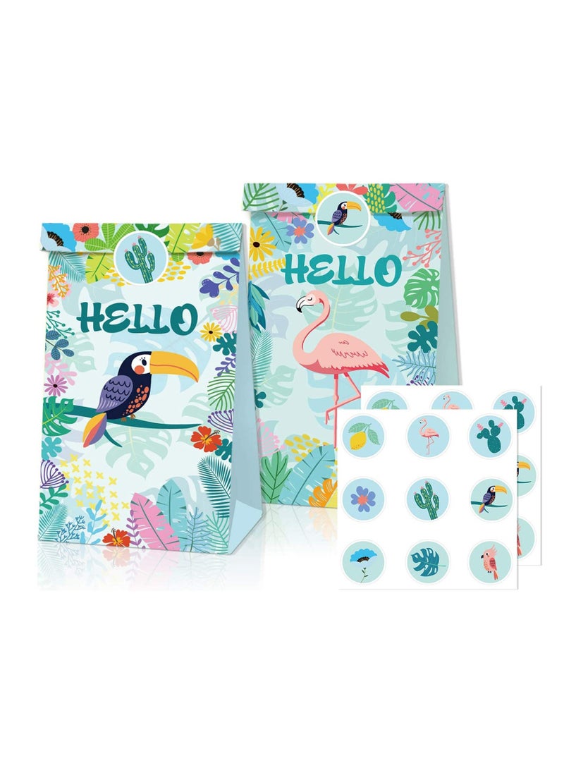 12Pcs Tropical Hawaiian Party Bags Flamingo Paper Gift Bags with 18Pcs Stickers Party Favor Bags Summer Goodie Candy Bags for Kids Adults Treat Bags Party Supplies for Birthday Wedding Baby Shower