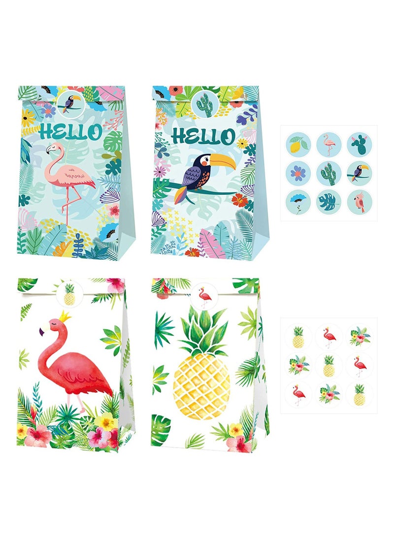 12Pcs Tropical Hawaiian Party Bags Flamingo Paper Gift Bags with 18Pcs Stickers Party Favor Bags Summer Goodie Candy Bags for Kids Adults Treat Bags Party Supplies for Birthday Wedding Baby Shower