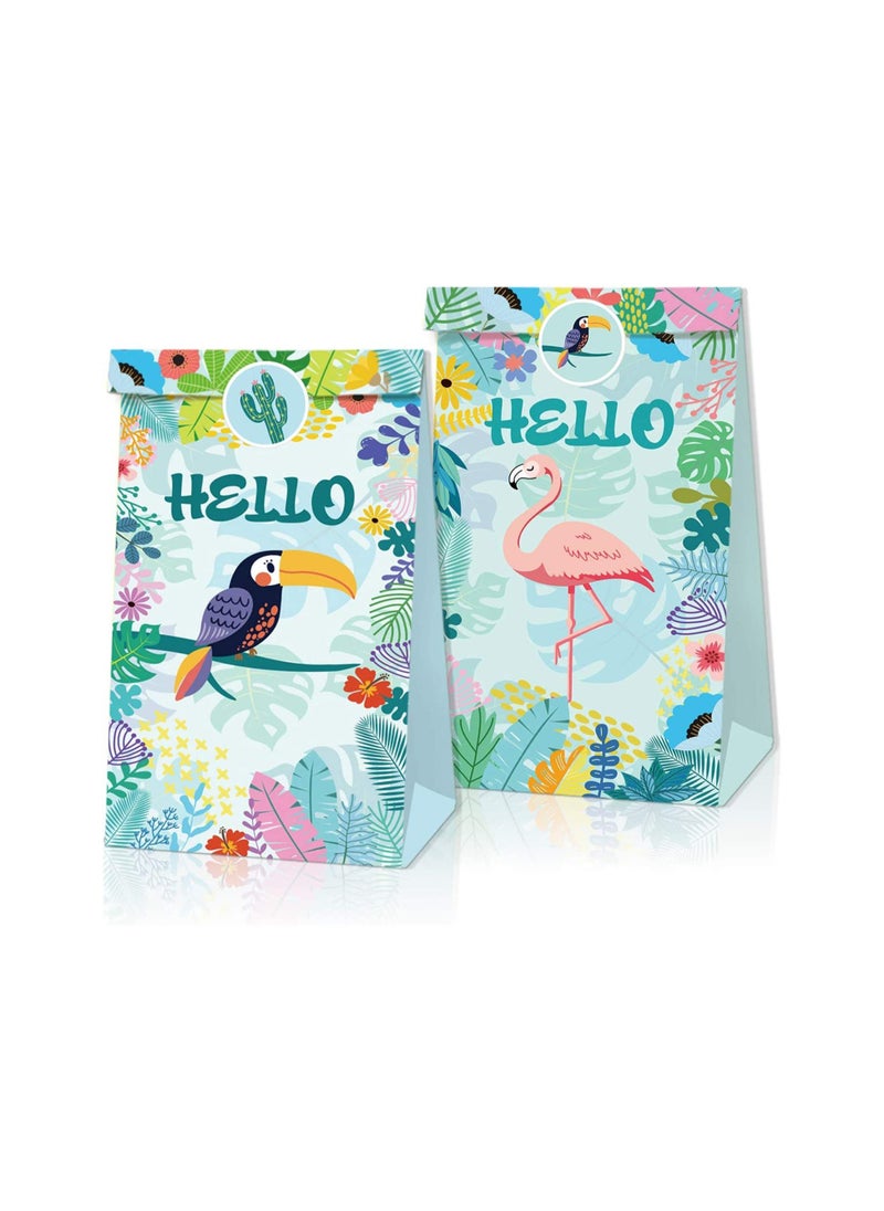 12Pcs Tropical Hawaiian Party Bags Flamingo Paper Gift Bags with 18Pcs Stickers Party Favor Bags Summer Goodie Candy Bags for Kids Adults Treat Bags Party Supplies for Birthday Wedding Baby Shower