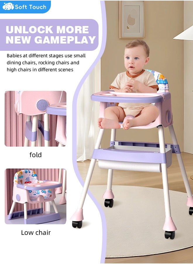 Baby High Chair With Adjustable Height For Dinning Folding Rest Chair with 4 Wheels and Removable Tray Baby Feeding Booster Seat For Toddlers babies 6 Months To 6 Years