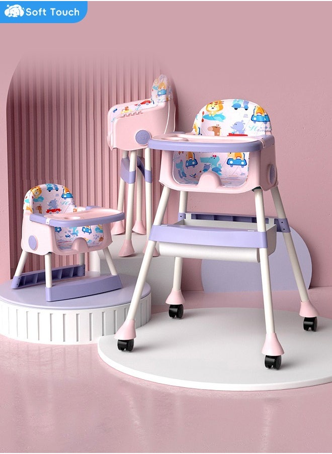 Baby High Chair With Adjustable Height For Dinning Folding Rest Chair with 4 Wheels and Removable Tray Baby Feeding Booster Seat For Toddlers babies 6 Months To 6 Years