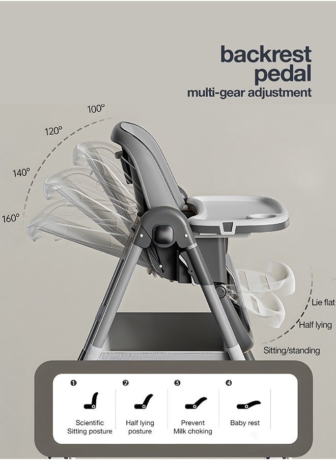 3 In 1 Baby Feeding High Chair With 8 Height Adjustable, Footrest, Tray, 160 Degree Recline, 5 Point Safety Belt And Wheels 6 Months To 6 Years Grey