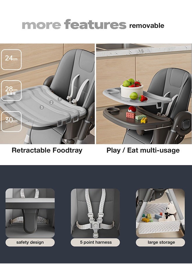 3 In 1 Baby Feeding High Chair With 8 Height Adjustable, Footrest, Tray, 160 Degree Recline, 5 Point Safety Belt And Wheels 6 Months To 6 Years Grey