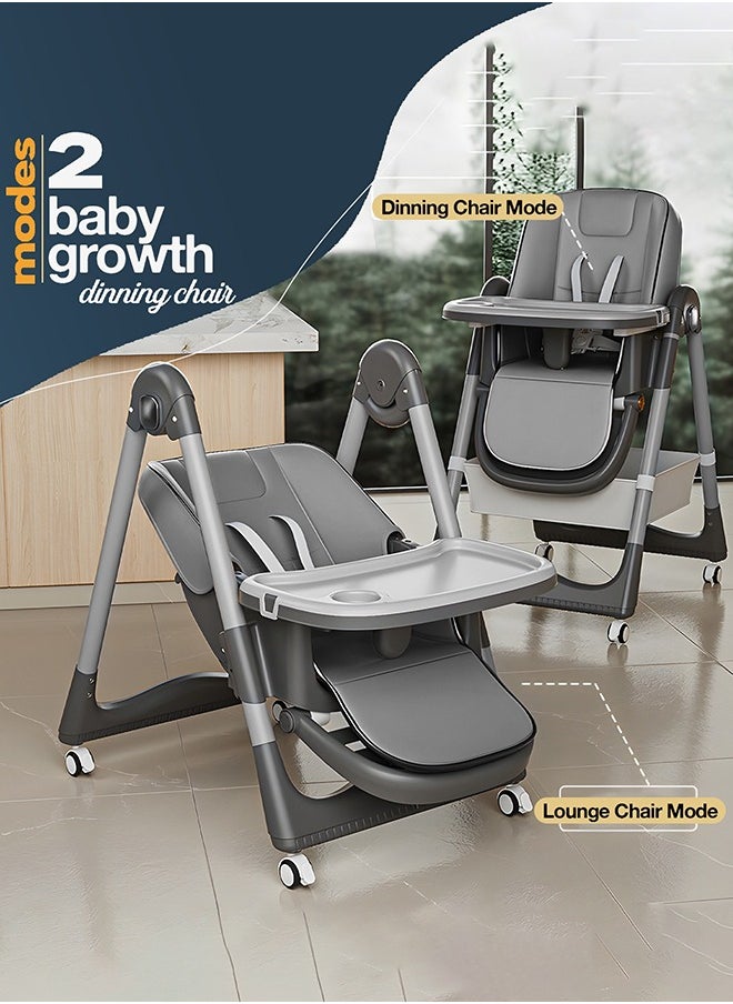 3 In 1 Baby Feeding High Chair With 8 Height Adjustable, Footrest, Tray, 160 Degree Recline, 5 Point Safety Belt And Wheels 6 Months To 6 Years Grey