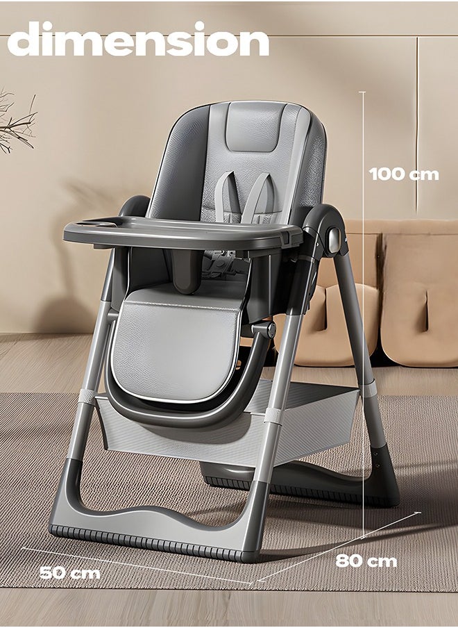 3 In 1 Baby Feeding High Chair With 8 Height Adjustable, Footrest, Tray, 160 Degree Recline, 5 Point Safety Belt And Wheels 6 Months To 6 Years Grey