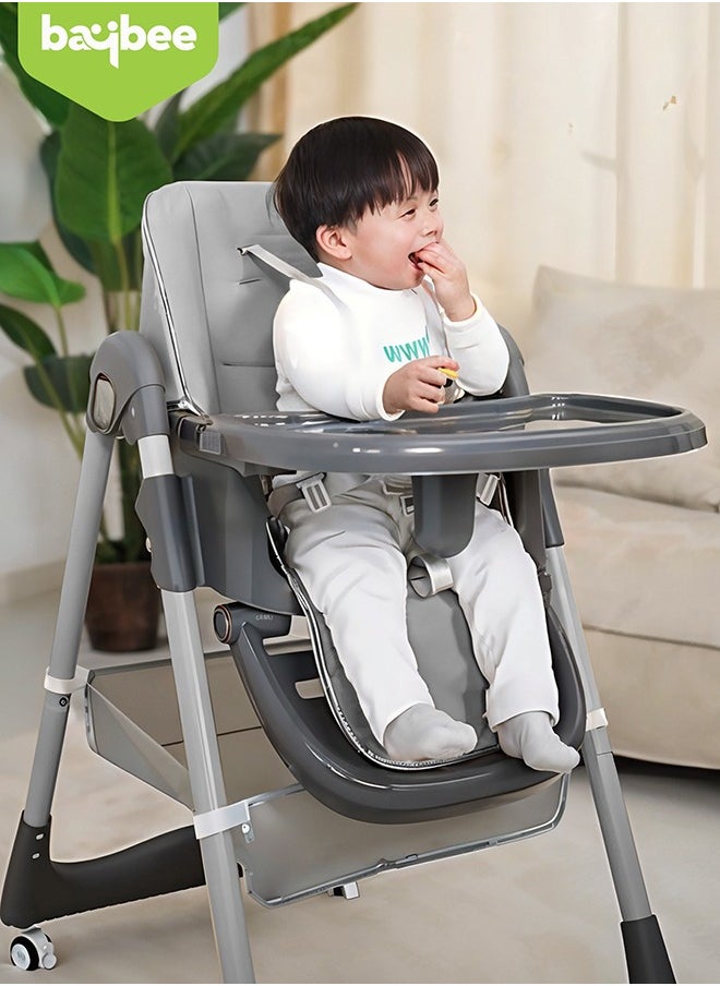 3 In 1 Baby Feeding High Chair With 8 Height Adjustable, Footrest, Tray, 160 Degree Recline, 5 Point Safety Belt And Wheels 6 Months To 6 Years Grey