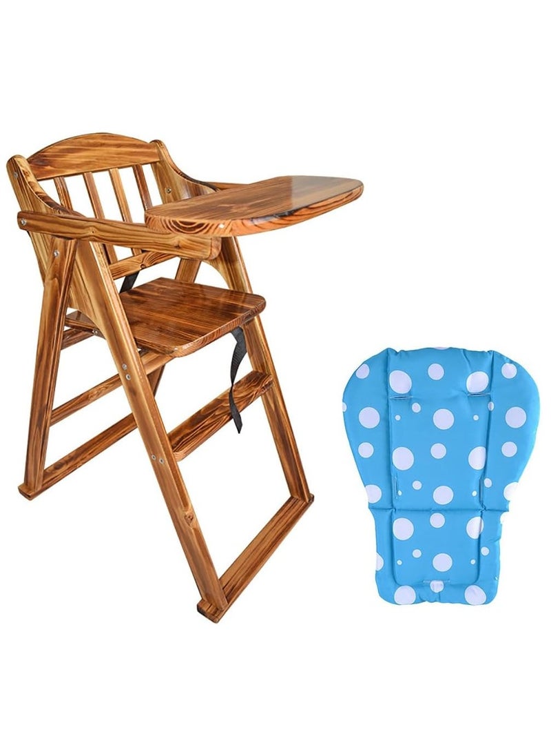 Wooden High Chair with Tray, Foldable Kids Dinning Highchair with Safety Belt and Cushion for Baby Toddler Feeding (brown)