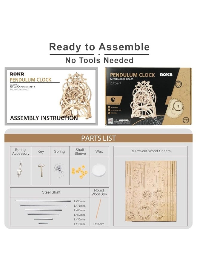 ROKR 3D Wooden Puzzles DIY Clock Kits for Adults to Build Wood Model Building Kit Unique Birthday Gift Pendulum Clock