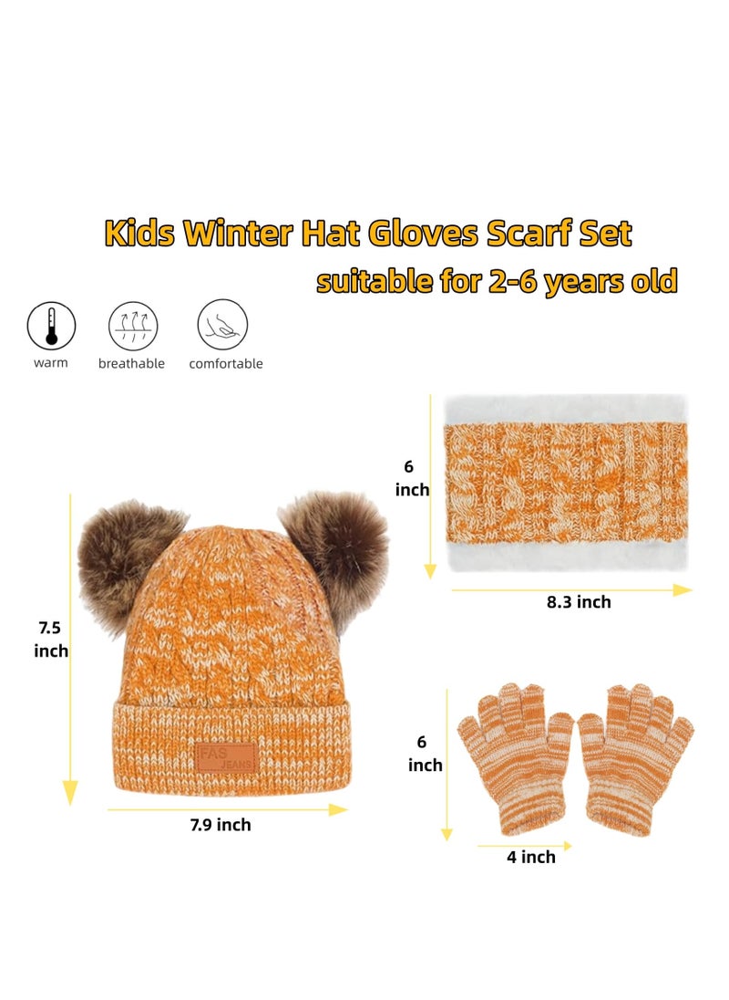 Kids Winter Hat Gloves Scarf Set for 2-6 Years Old Warm Knit Pompom Beanie Cap Neck Warmer Gloves Winter Warm Knitted Beanie Hat Scarf Gloves Set High Quality Pure Plush Yellow