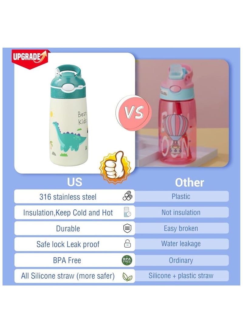 400ml Stainless Steel Water Bottle for Kids, Dinosaur Straws Water Bottle, Can Keep Cold Or Hot, Portable Leakproof BPA-Free Children's Drinking Bottle for School Outdoor Sports Travel