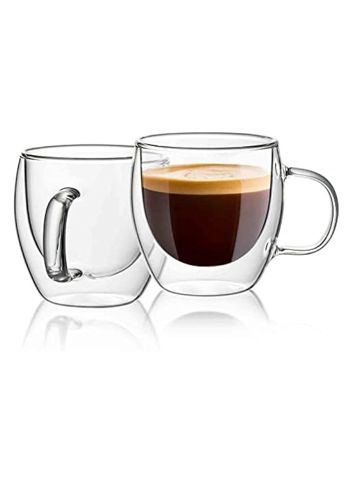 Cups Shot Glass Coffee 5 Oz Set of 2 - Double Wall Insulated Glass Mugs with Handle, Everyday Coffee Glasses Cups Perfect for Espresso Machine and Coffee Maker