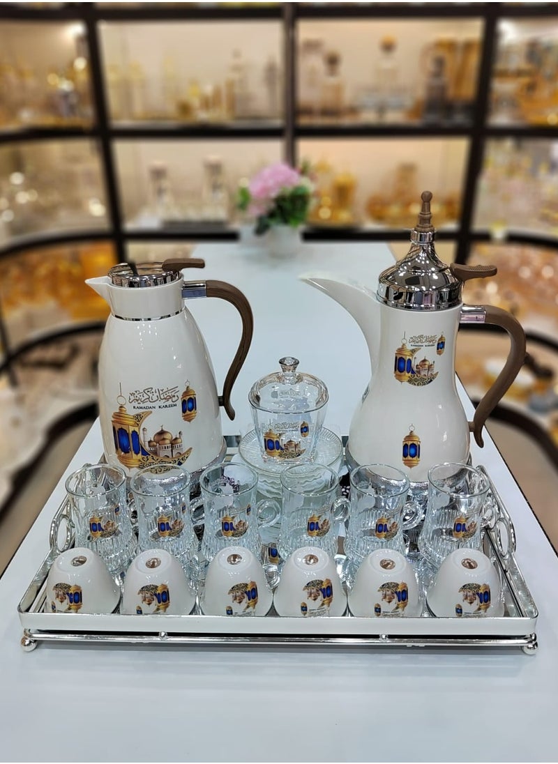 22Pieces Ramadan Kareem Complete Serving Set Elegant Thermoses Tea & Cawa Cups Sugar Bowl & Mirror Tray