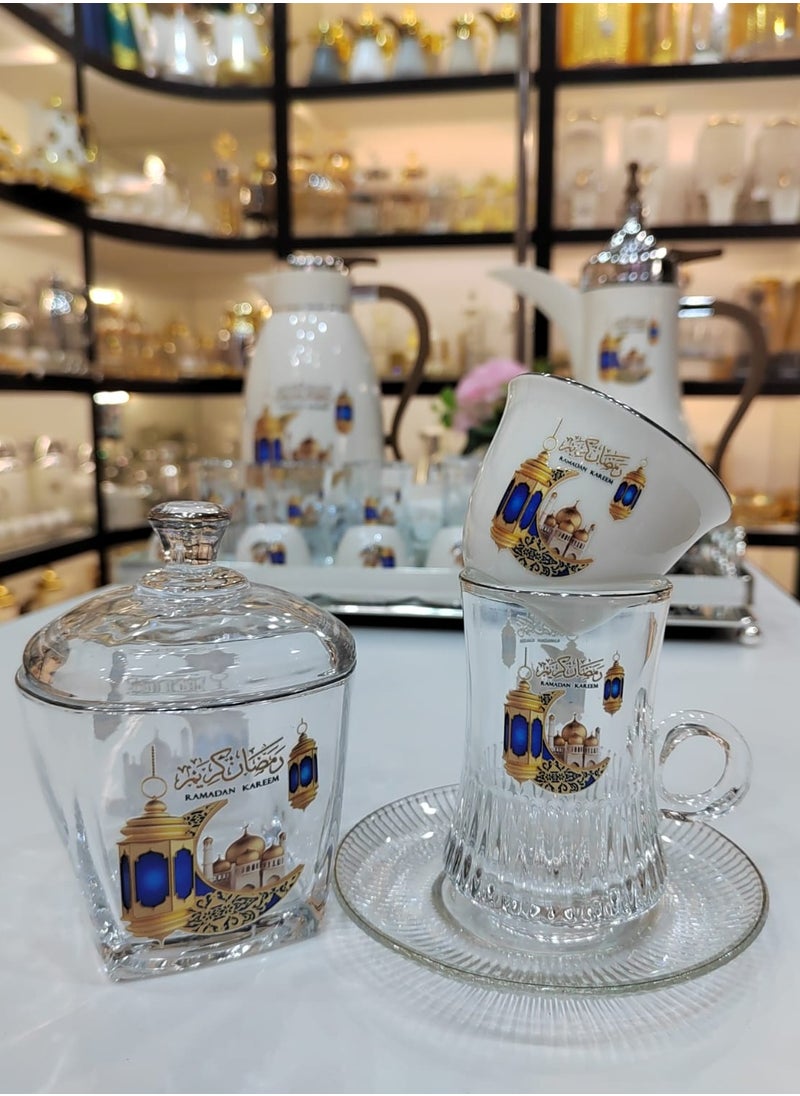 22Pieces Ramadan Kareem Complete Serving Set Elegant Thermoses Tea & Cawa Cups Sugar Bowl & Mirror Tray