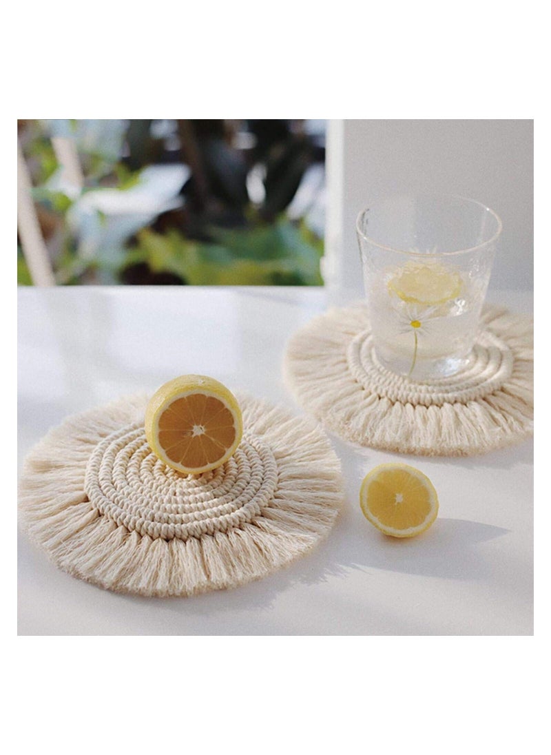 Handmade Bohemian Coasters with Tassels for Drinks, Absorbent Woven Heat Protection Mats, Perfect for Home and Office Coffee Tables, Aromatherapy Decor (Cream, Set of 2)